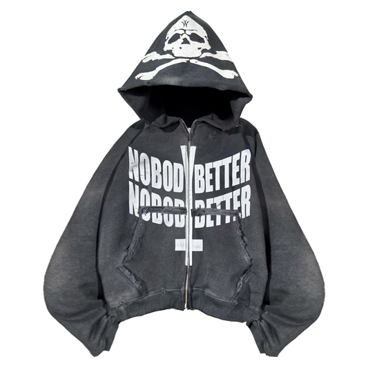 "NobodyBetter" graphite zip hoodie